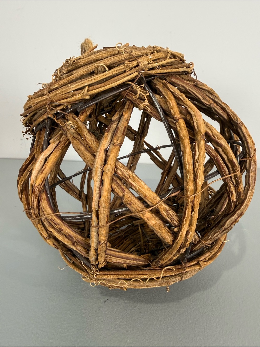 Round Hanging Wood Basket with Lid, Brown, 8 in, Handmade, Indoor